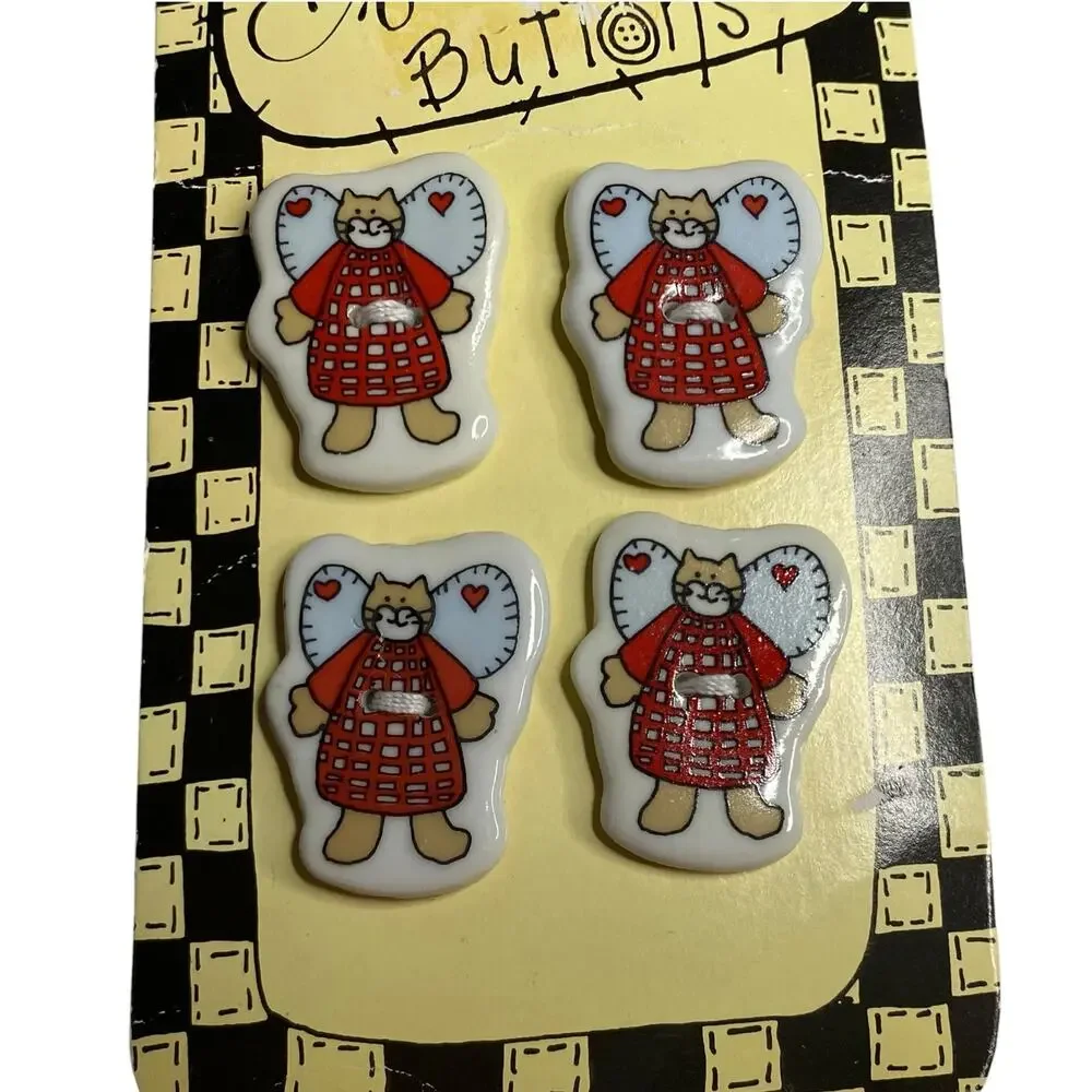 Vintage Alma Lynne Angel Cat Ceramic Buttons Folk Art Flat 2-Hole 4 Buttons 1997